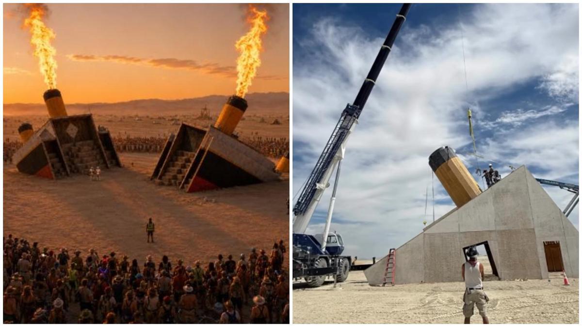 Un render de cómo quedará la instalación del Titanic y, al lado, estado actual del montaje el pasado martes.
