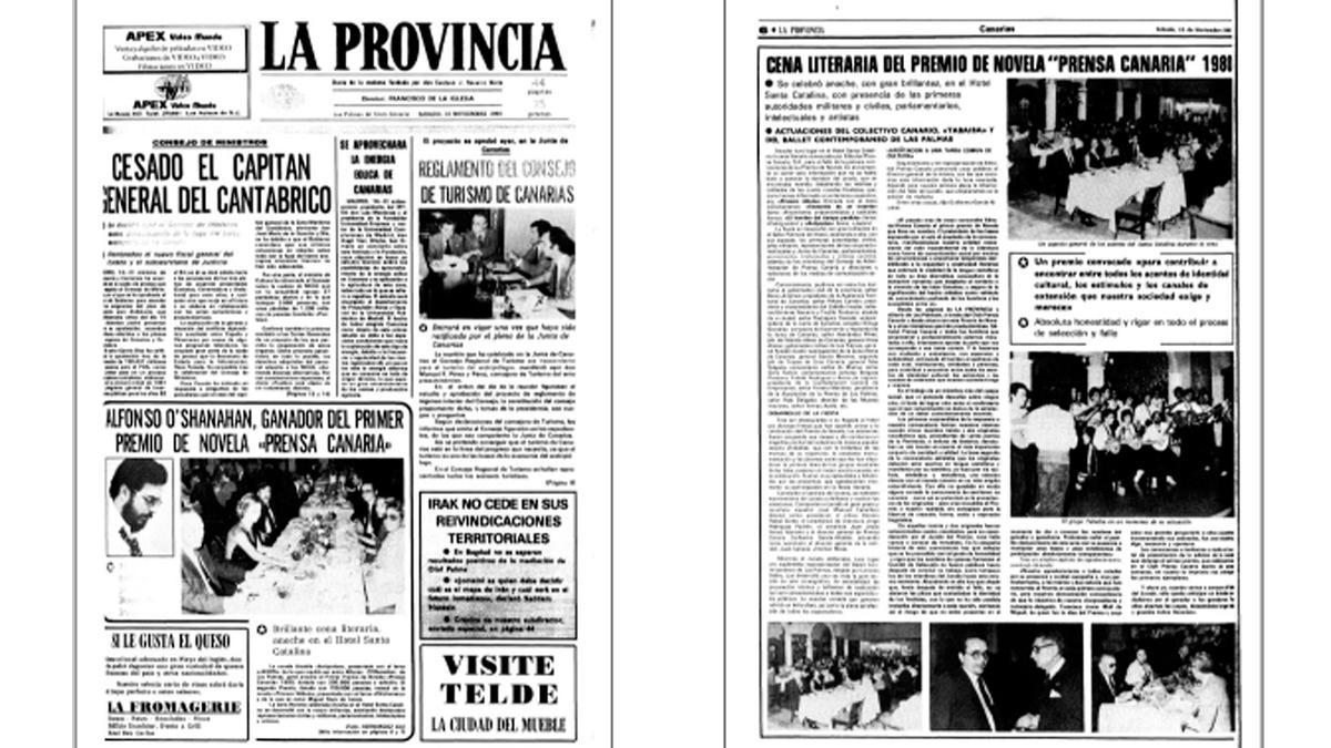 PORTADA E INFORMACIÓN EN ‘LA PROVINCIA’ DE LA 1ª EDICIÓN DEL PREMIO DE NOVELA PRENSA CANARIA, EN 1980.