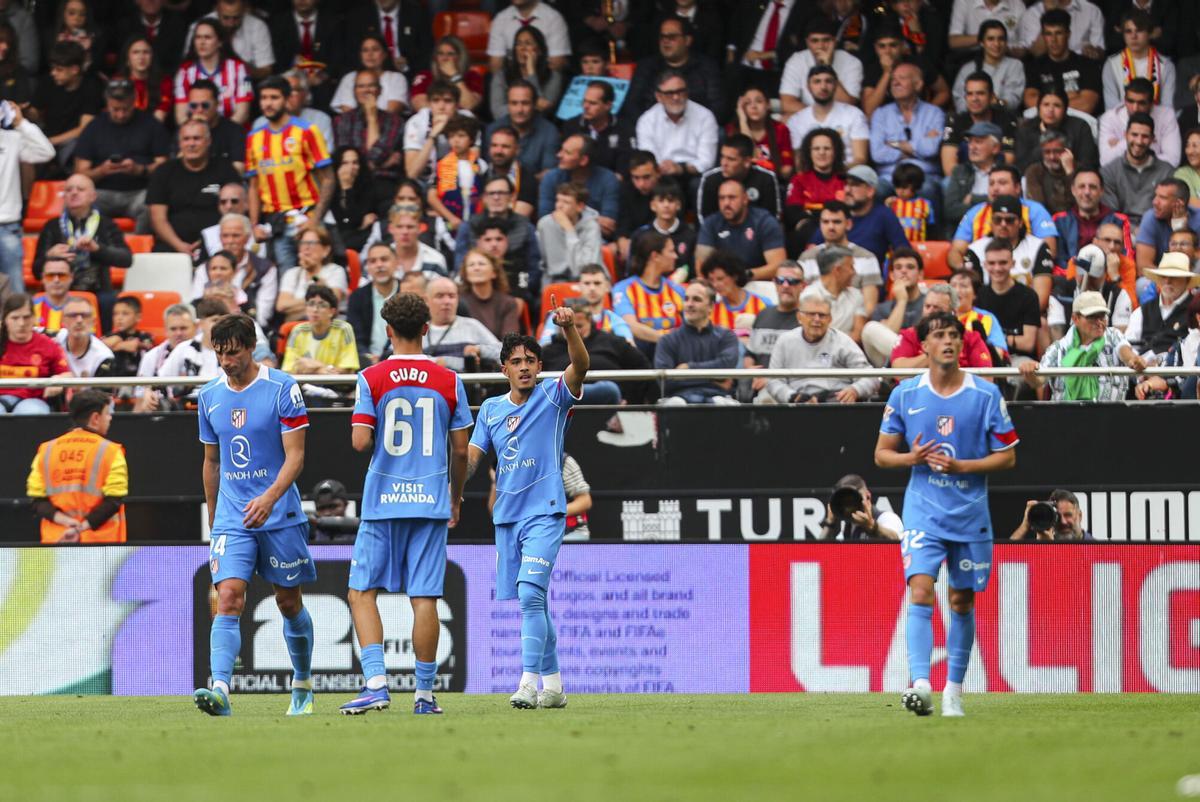 Iker Luque of Atletico de Madrid celebrates a goal with teammates during the Spanish league, LaLiga EA Sports, football match played between Valencia CF and Atletico de Madrid at Mestalla stadium on May 2, 2026, in Valencia, Spain