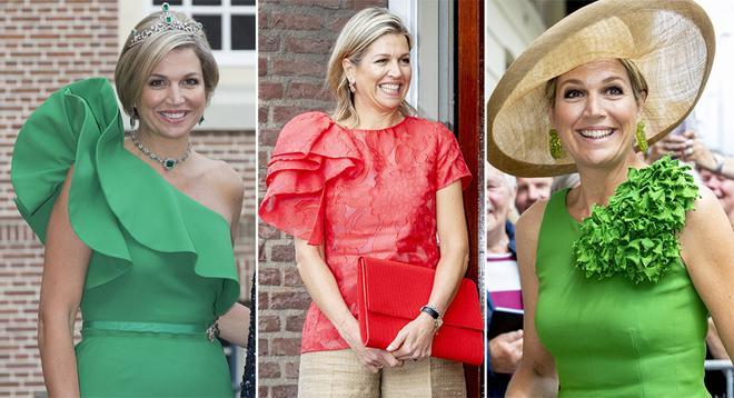 Máxima de Holanda con looks coloristas, con volúmenes y asimetrías