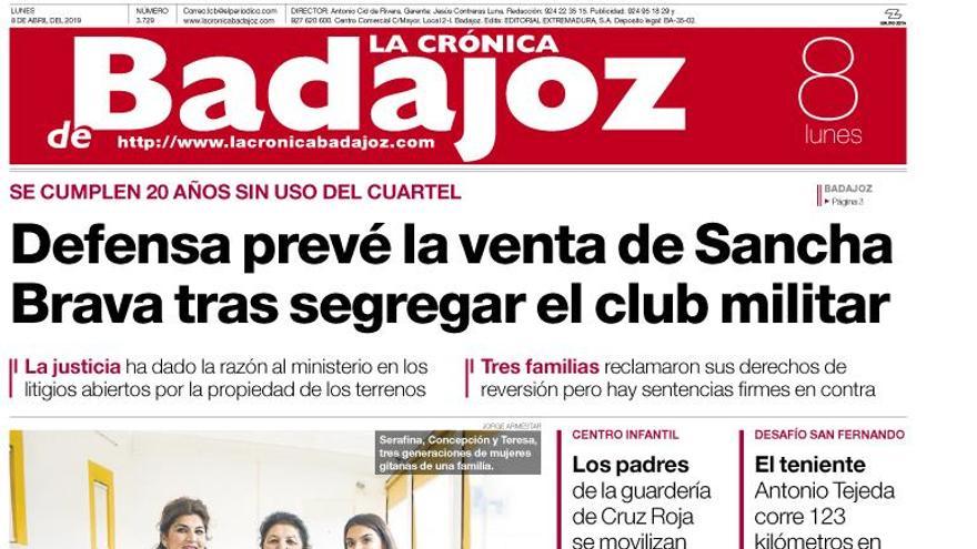 Esta es la portada de LA CRÓNICA DE BADAJOZ correspondiente al día 8 de abril del 2019