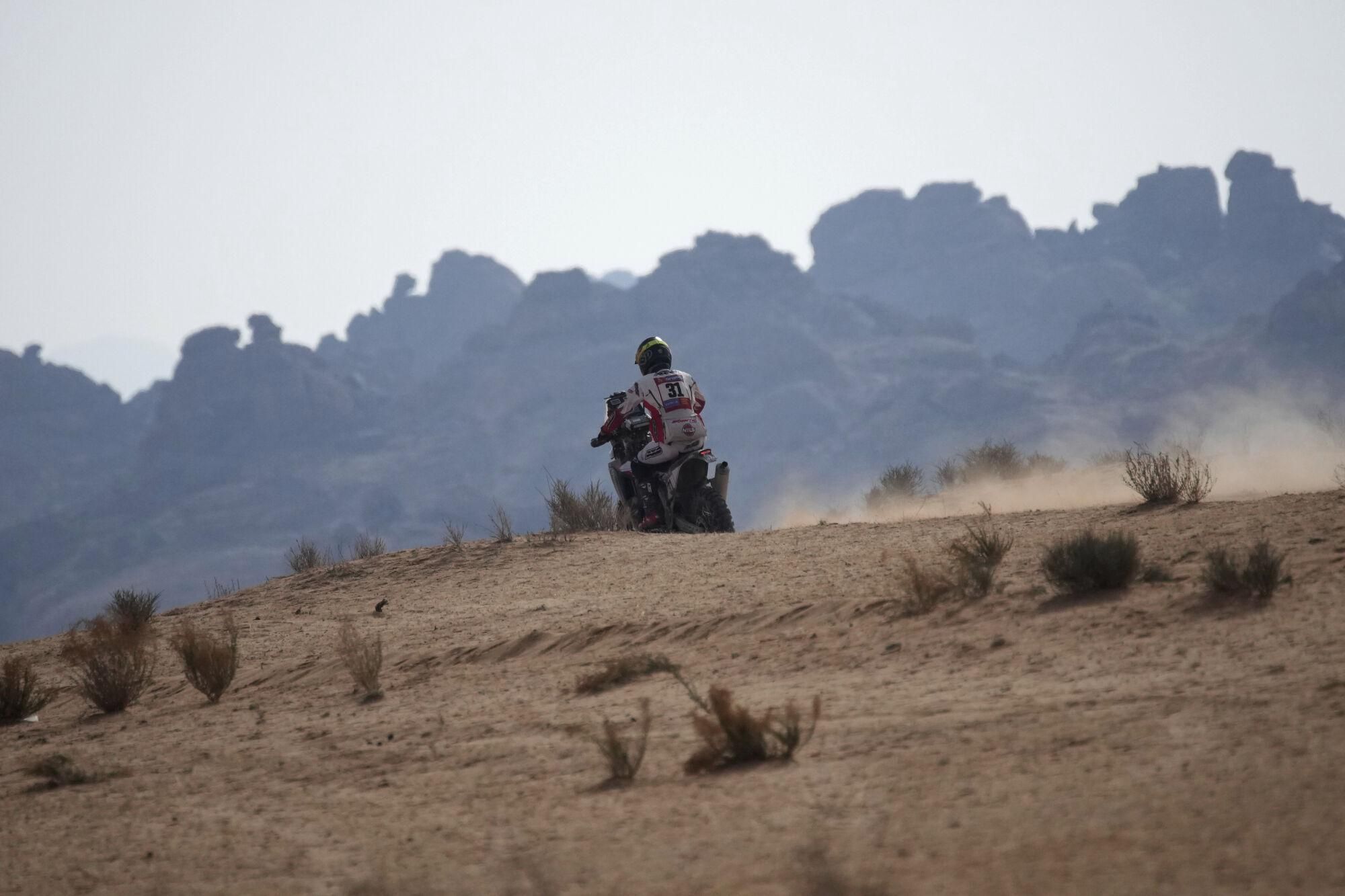Rider Jeremy Miroir of France competes during the fifth stage of the Dakar Rally between Alula and Hail, Saudi Arabia, Thursday, Jan. 9, 2025. (AP Photo/Christophe Ena). EDITORIAL USE ONLY / ONLY ITALY AND SPAIN