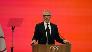 Casey Wasserman, Chairman of the Los Angeles Organizing Committee for the 2028 Olympic and Paralympic Games speaks during an IOC meeting ahead of the 2026 Winter Olympics, in Milan, Italy, Tuesday, Feb. 3, 2026. (AP Photo/Luca Bruno)