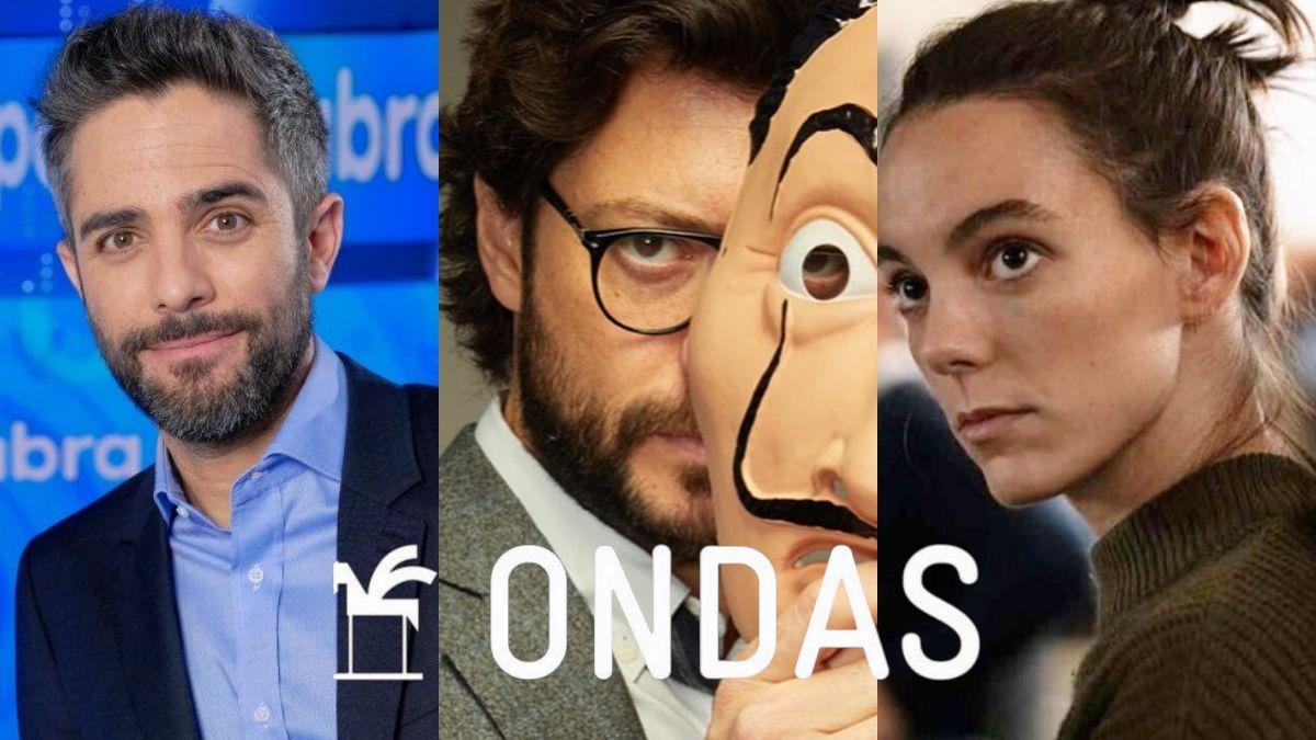 Roberto Leal, Álvaro Morte y Vicky Luengo, premiados con Ondas 2021 en la categoría de televisión.
