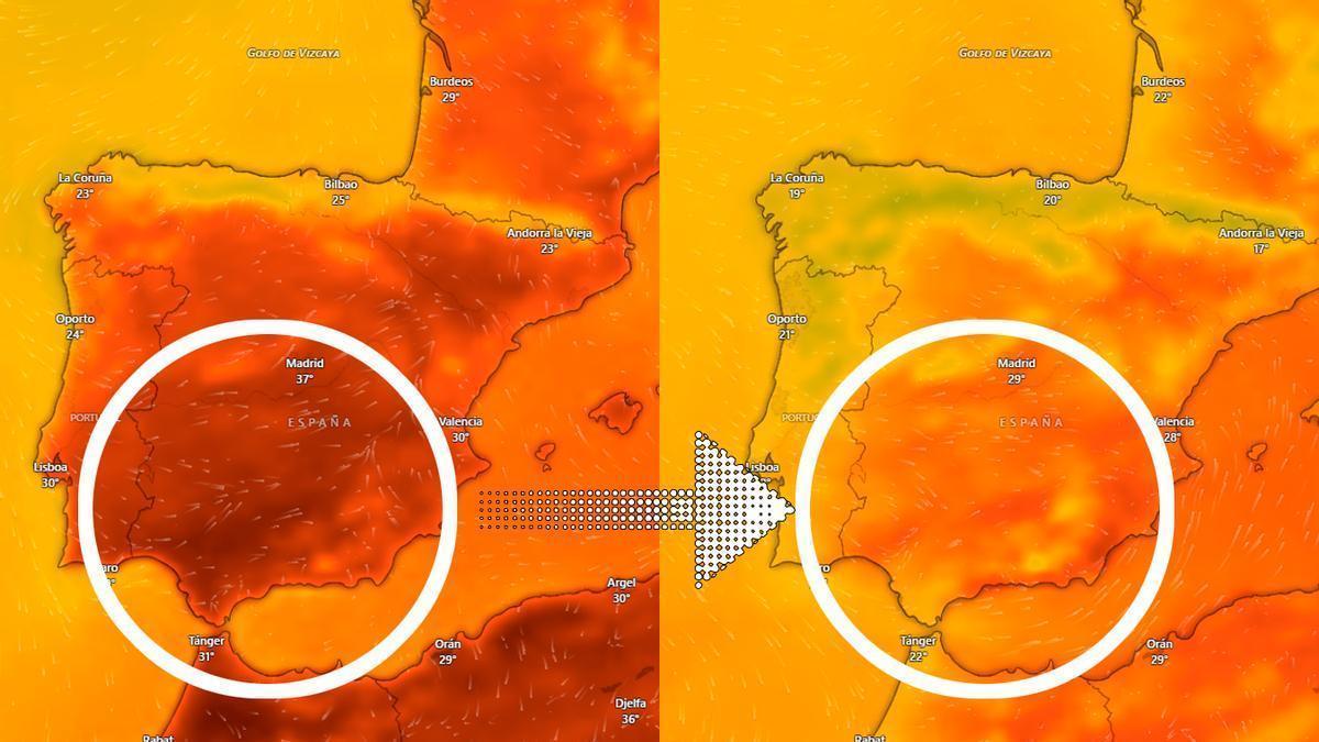 Imagen del mapa de temperaturas en Andalucía el sábado y el lunes.