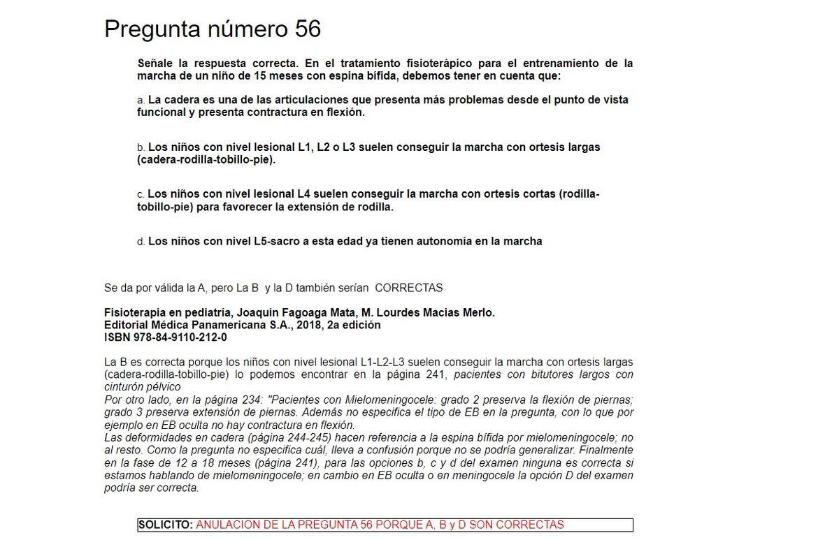 Ejemplo de una pregunta que los opositores de Fisioterapia reclaman impugnar.