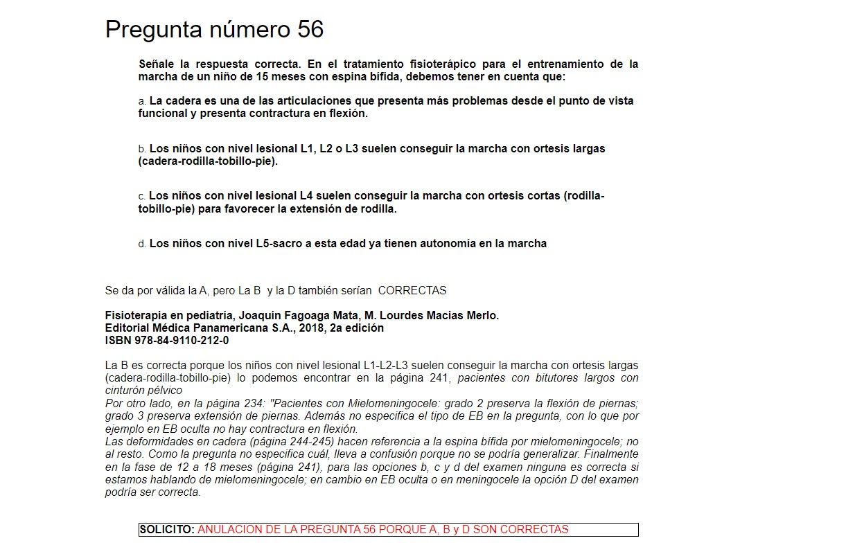 Ejemplo de una pregunta que los opositores de Fisioterapia reclaman impugnar.