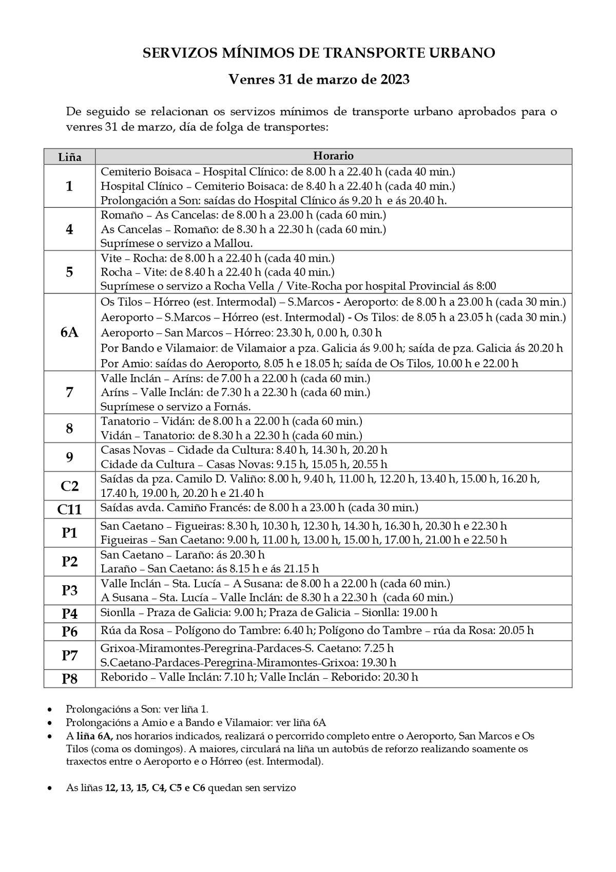 Servizos mínimos da transporte urbano do venres 31 de marzo de 2023