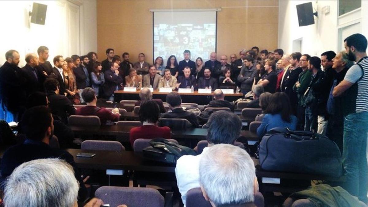 Representantes de las productoras, en la presentación del manifiesto en defensa de laproducción audiovisual independientede Catalunya