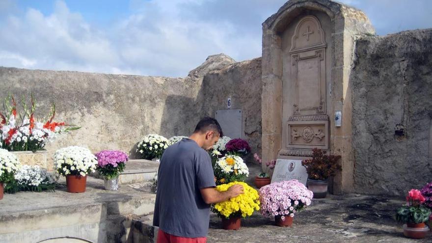 Un vecino deposita flores en una tumba del cementerio de Biniali, durante la pasada fiesta de Tots Sants.