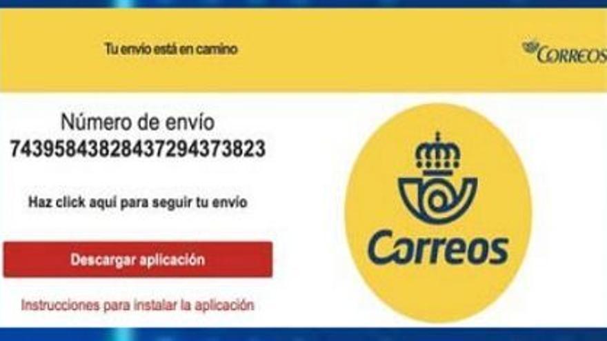 Imagen del aviso fraudulento que avisa de la supuesta llegada de un paquete a través de Correos.