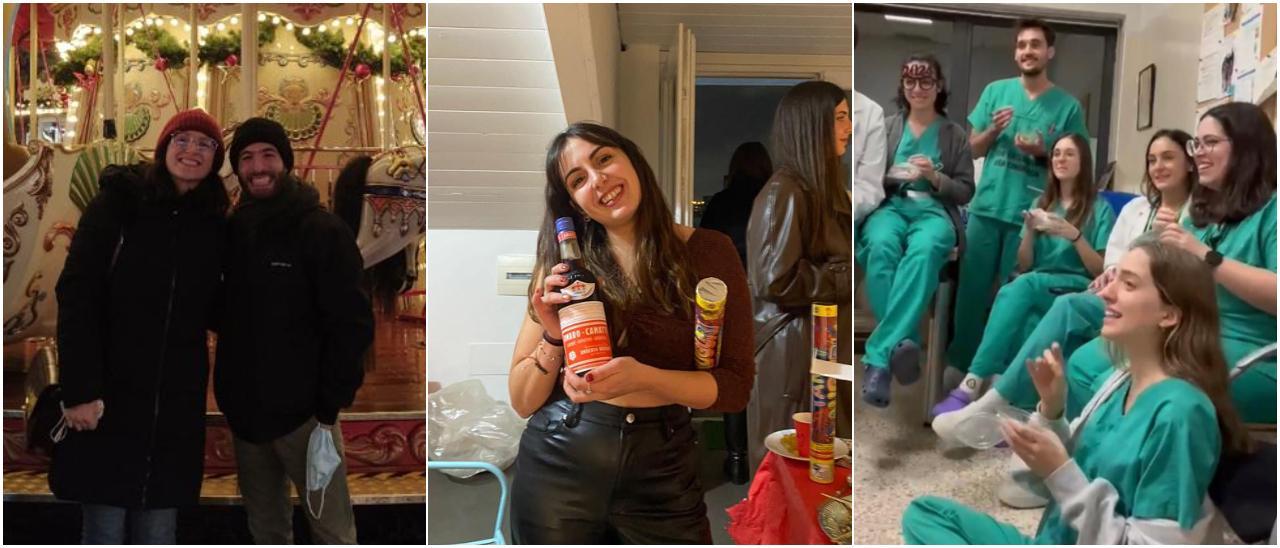 De izquierda a derecha, María Castelao en un mercado navideño de Bremen con su pareja; Cristina Amosa en Italia con sus amigos; y María Rey (sentada en el suelo), despidiendo el año de guardia en el Hospital Clínico de Santiago.