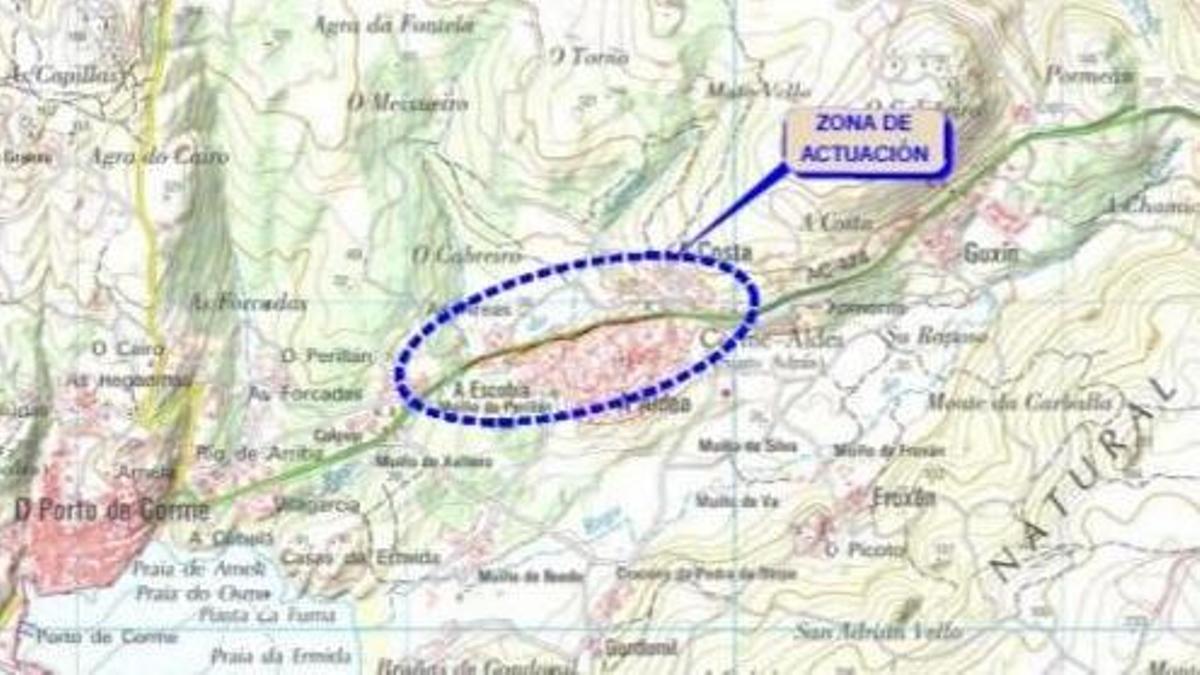 Plano de localización da senda que se executará en Corme.
