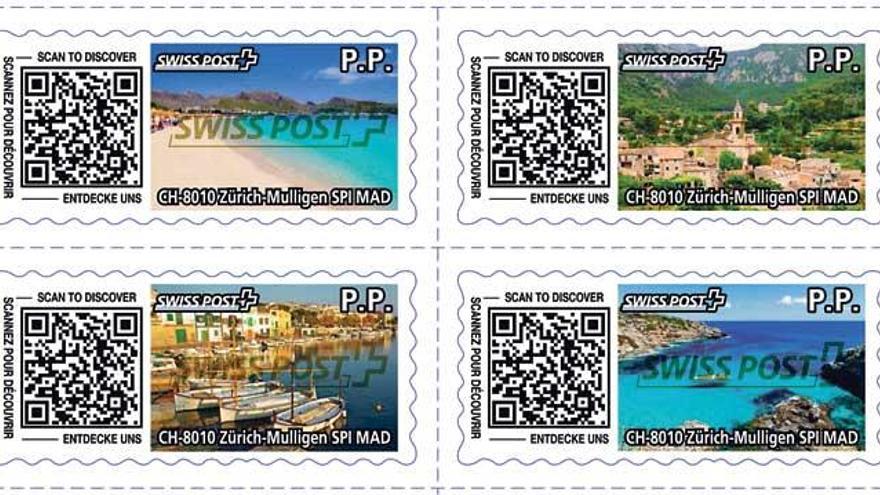 Hippe Urlaubsgrüße von Mallorca mit QR-Code auf der Briefmarke.