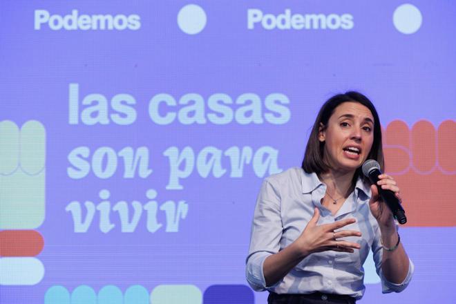 La candidata de Podemos a las elecciones europeas, Irene Montero, en un acot en Madrid este sábado.