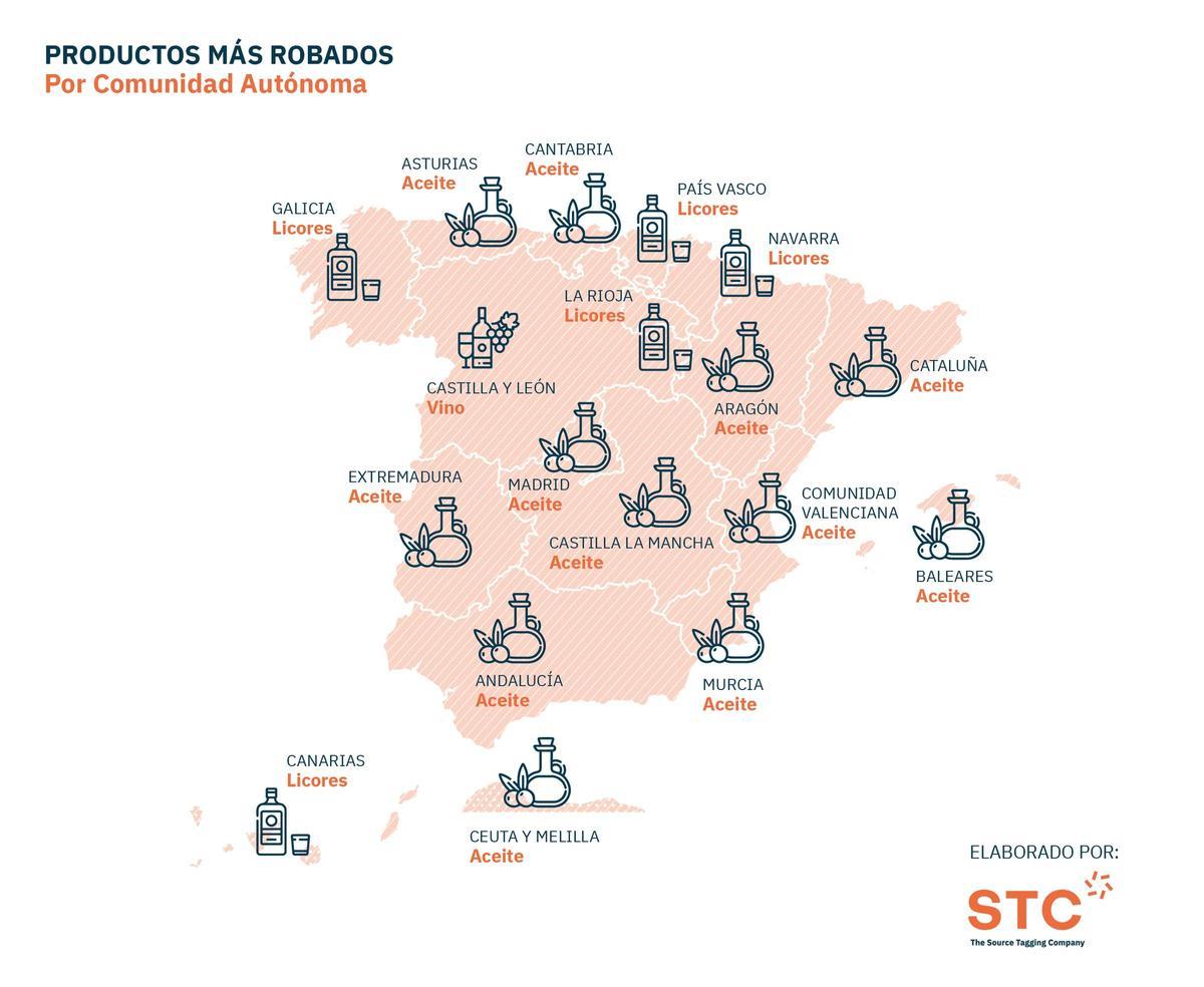 Mapa de los productos más robados en España.