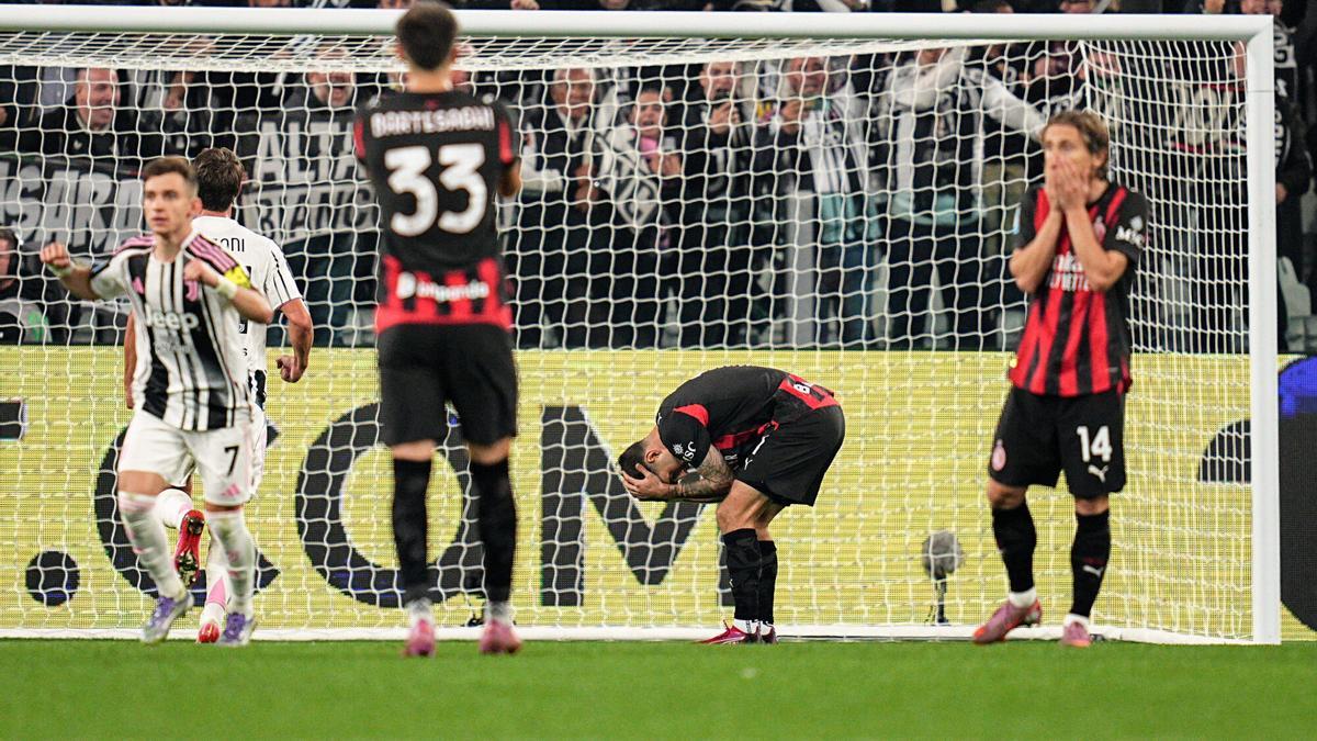 AC Milan's Christian Pulisic reacts after missing a scoring chance during the Serie A soccer match between Juventus and Milan at the Allianz Stadium in Turin, north west Italy - Saturday, October 05, 2025. Sport - Soccer . (Photo by Marco Alpozzi/Lapresse)