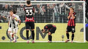 AC Milans Christian Pulisic reacts after missing a scoring chance during the Serie A soccer match between Juventus and Milan at the Allianz Stadium in Turin, north west Italy - Saturday, October 05, 2025. Sport - Soccer . (Photo by Marco Alpozzi/Lapresse)