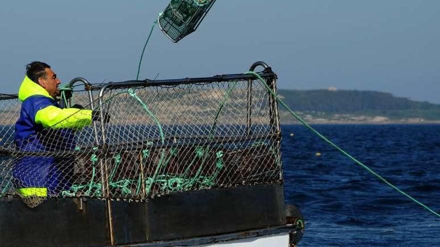 Un pescador gallego lanza una nasa.