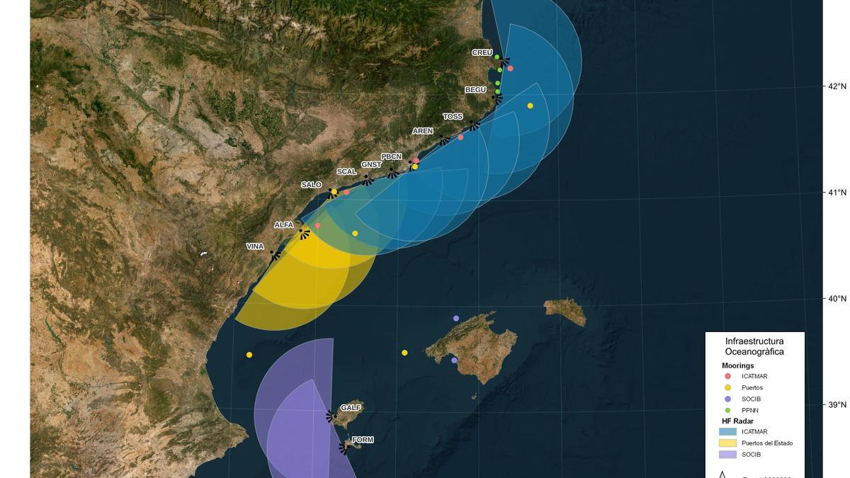 Radares de ICATMAR (en azul) que estarán instalados a finales de año, desde Segur de Calafell hasta Cap de Creus.