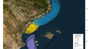 Radares de ICATMAR (en azul) que estarán instalados a finales de año, desde Segur de Calafell hasta Cap de Creus.