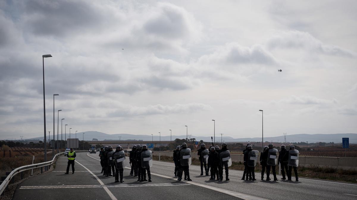 Varios antidisturbios acuden a una carretera cortada por decenas de agricultores durante la tercera jornada de protestas de los ganaderos y agricultores para pedir mejoras en el sector, en la autovía A-3, a 8 de febrero de 2024, en Valencia