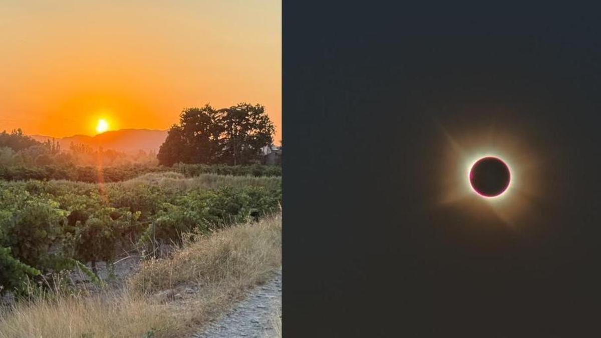 Izquierda: fotografía de uno de los momentos del eclipse, tras la totalidad, con el Sol poniéndose tras unos viñedos riojanos en Cervera del Río Alhama. Crédito: Adriana de Lorenzo-Cáceres Rodríguez. Derecha: fotografía del momento de la totalidad tomada desde Alovera, Castilla La Mancha.