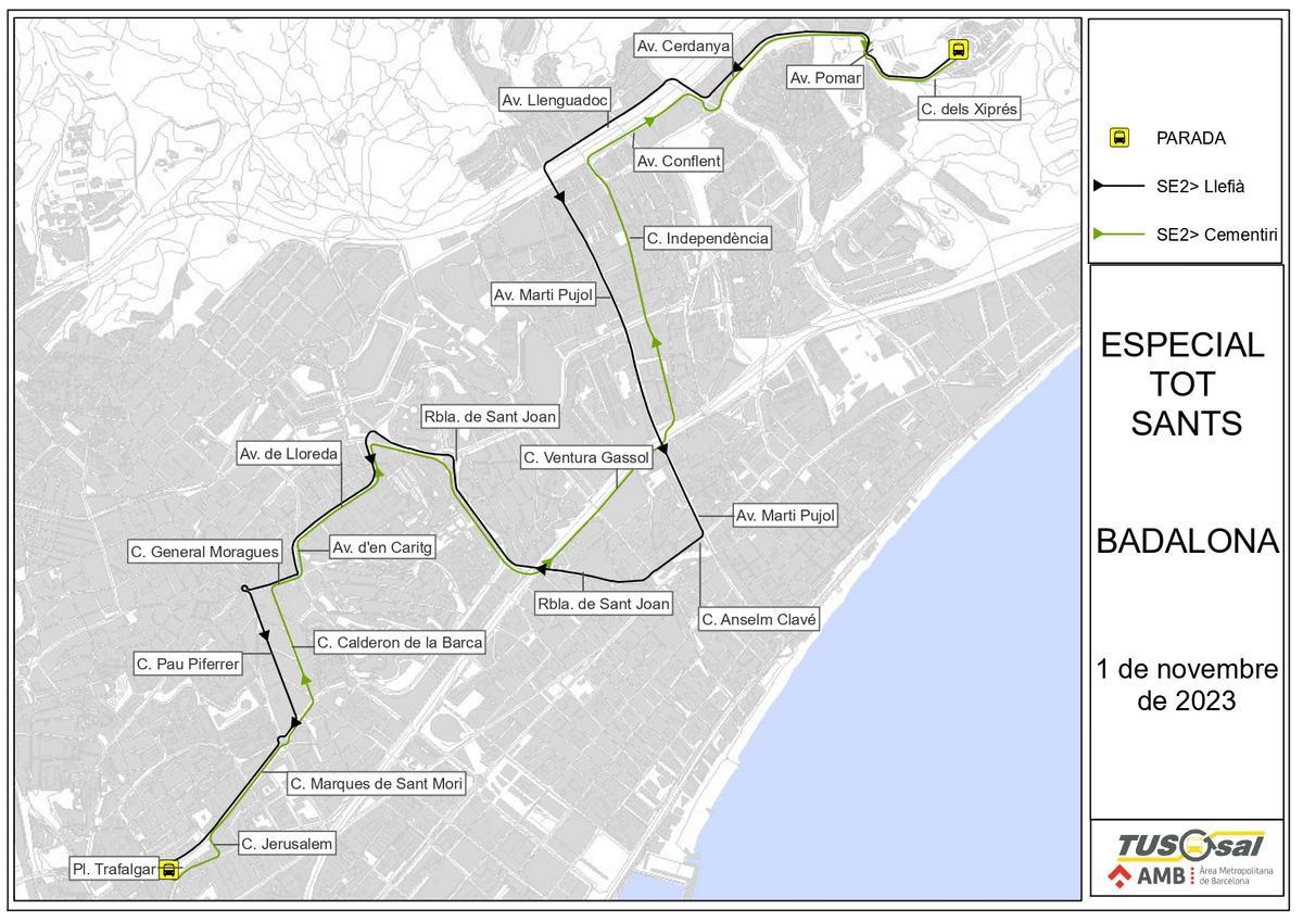Mapa del Servicio Especial 2 de bus de Badalona para Todos los Santos