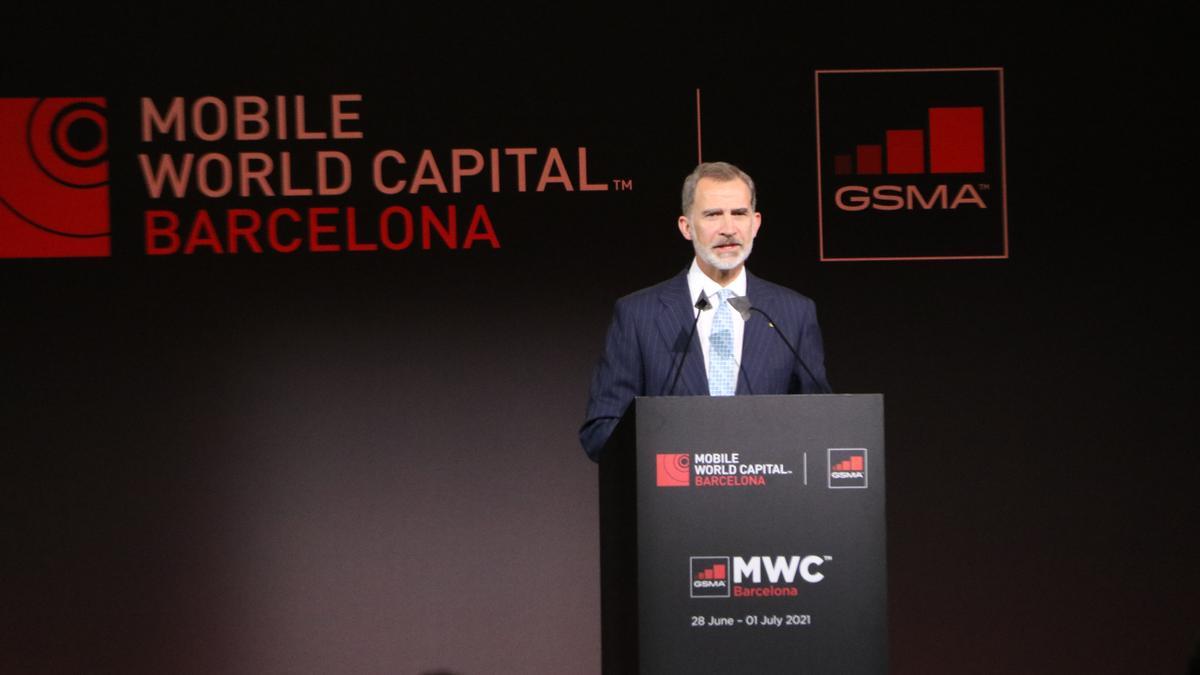 El rei Felip VI durant la seva intervenció al sopar inaugural del MWC. Imatge del 27 de juny del 2021. (Horitzontal)