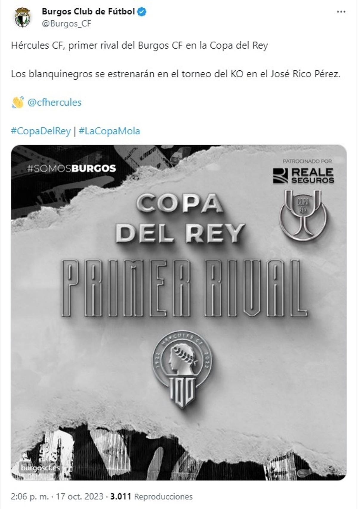 Tuit del Burgos CF anunciando su visita al Rico Pérez en la Copa del Rey.