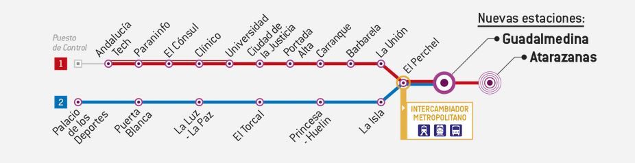 Mapa de las líneas del metro de Málaga con el nuevo tramo en servicio.