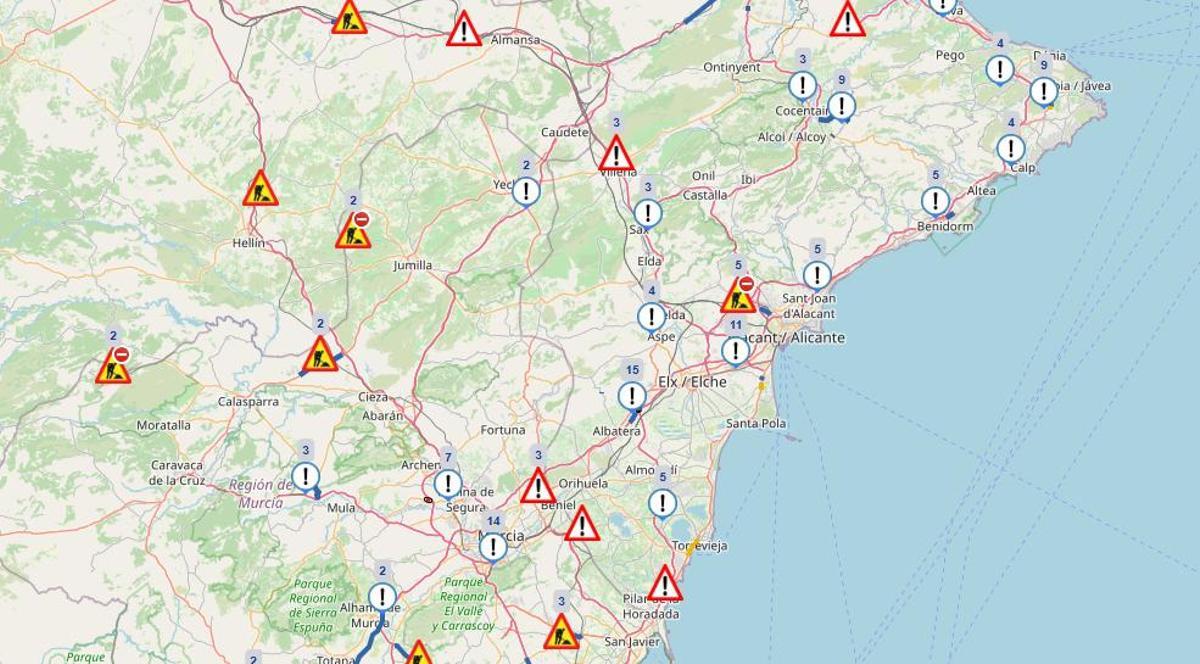 El mapa del tráfico esta mañana en la provincia de Alicante.