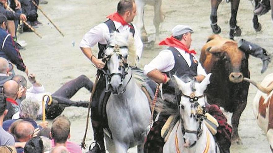 Un jinete herido al engancharle por la bota uno de los toros de la Entrada