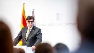 El president de la Generalitat, Salvador Illa, durante el acto de balance del Pacte Nacional per la Llengua