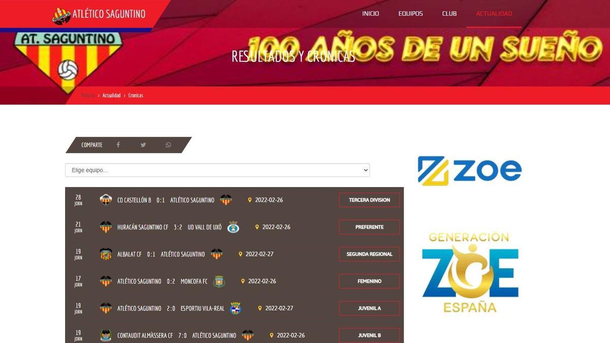 La página web del Atlético Saguntino, con los logos de Zoe