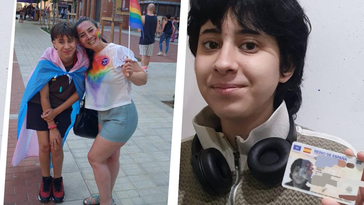 Otho, a la izquirda, junto a su madre en el Orgullo LGTBIQ+; a la derecha, muestra con una sonrisa su gran conquista: su nombre real en su DNI.