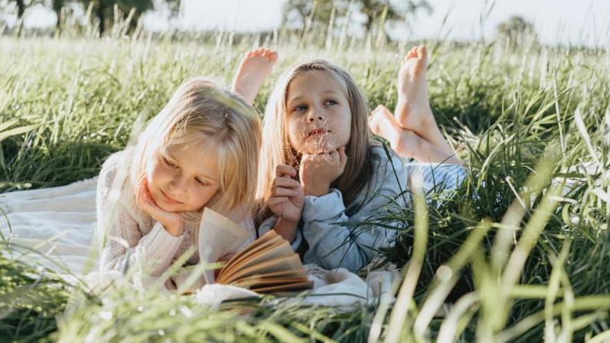 Dúas nenas len no campo