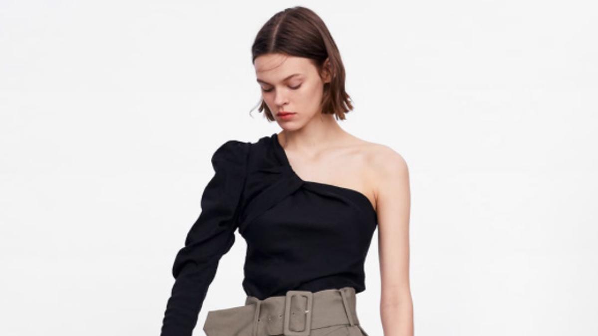 Falda midi de lino con cinturón para afinar la cintura, Zara