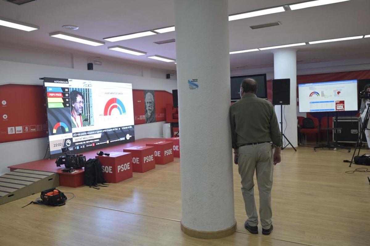 Aspecto que presenta la sede del PSOE de Elche en estos momentos cuando se ha escrutado el 83%