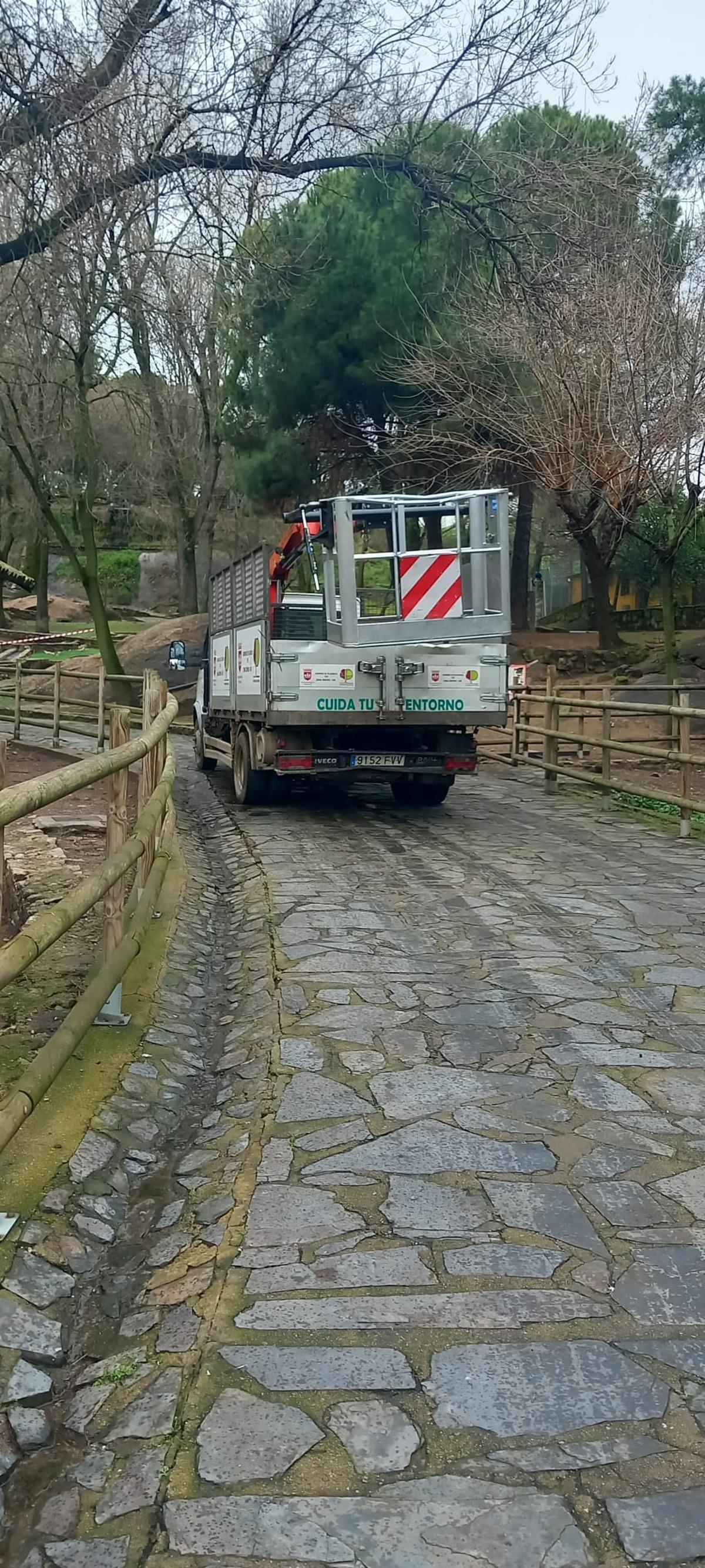 Un vehículo de mantenimiento en el interior del parque de Los Pinos de Plasencia.