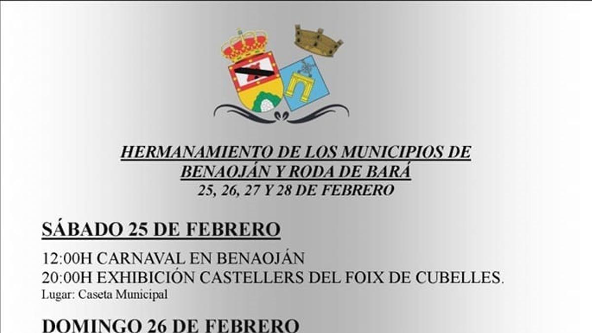 Programa de actividades para celebrar el hermanamiento entre Benaoján (Málaga) y Roda de Bará (Tarragona).