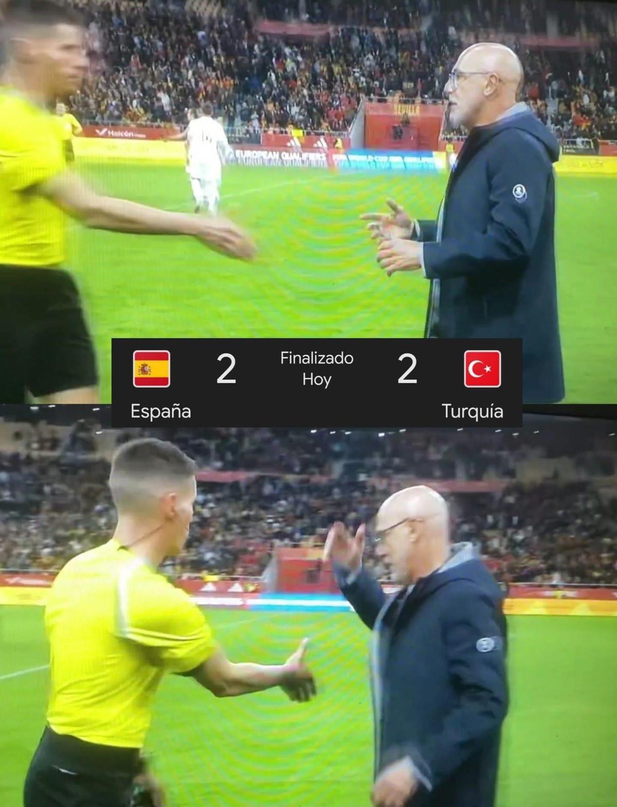 Luis de la Fuente negando el saludo al colegiado