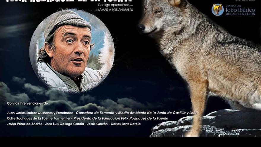 Cartel anunciador del homenaje que se tributa mañana a Félix Rodríguez de la Fuente en el Centro del Lobo.