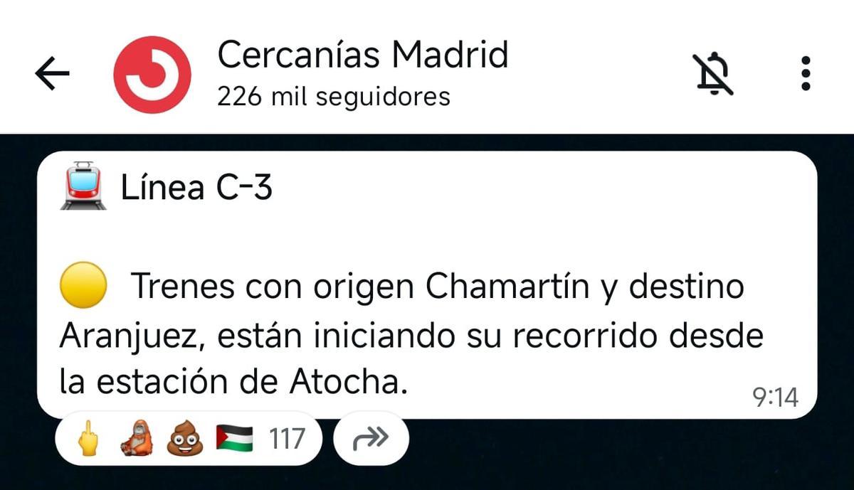 A través de WhatsApp Cercanías notificaba a los usuarios a las 09:14 que los trenes C-3 con origen Chamartín y destino Aranjuez iniciarían su recorrido desde la estación de Atocha