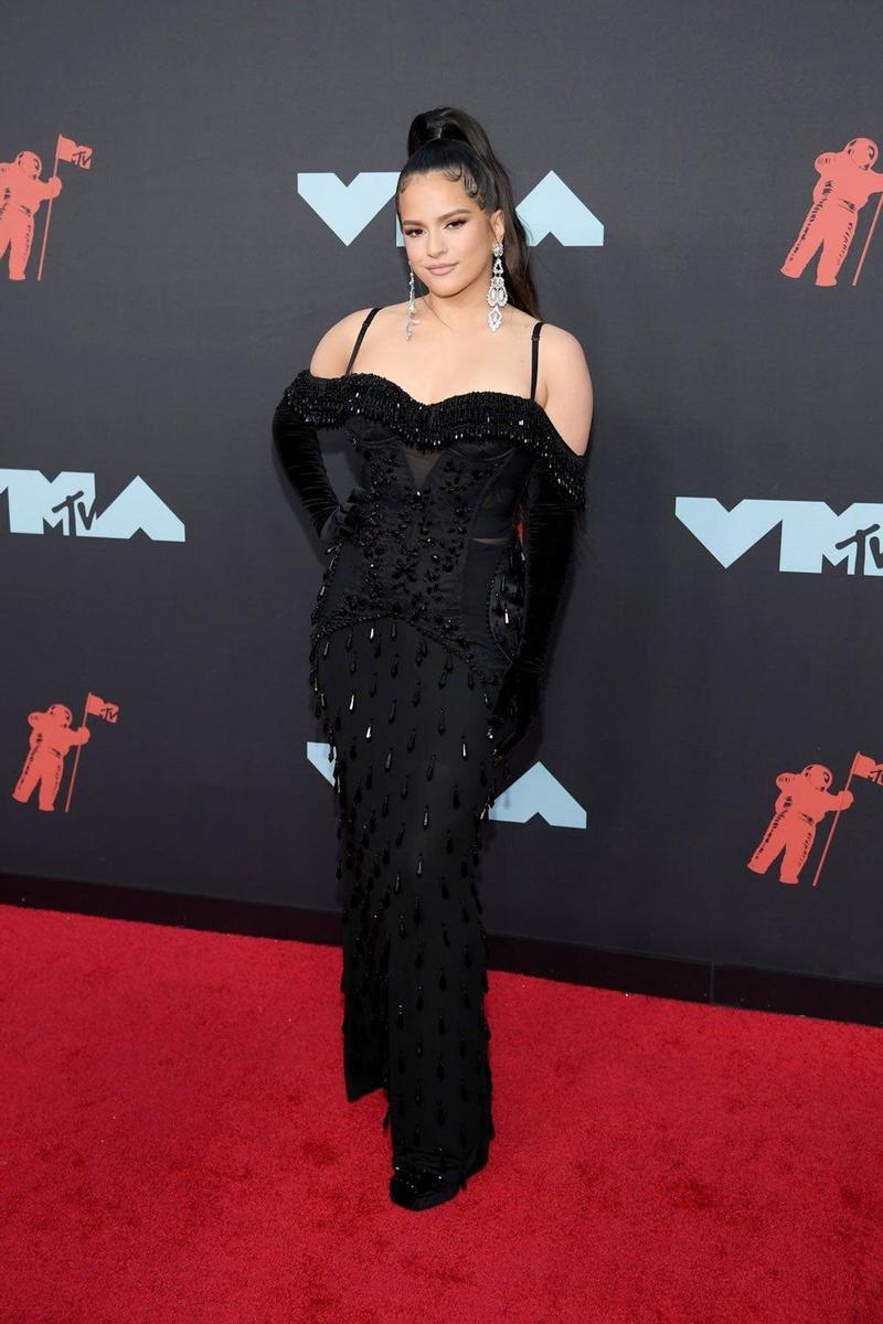 Rosalía ya empezó bien la noche al llegar con este vestidazo de Burberry a los MTV VMA 2019