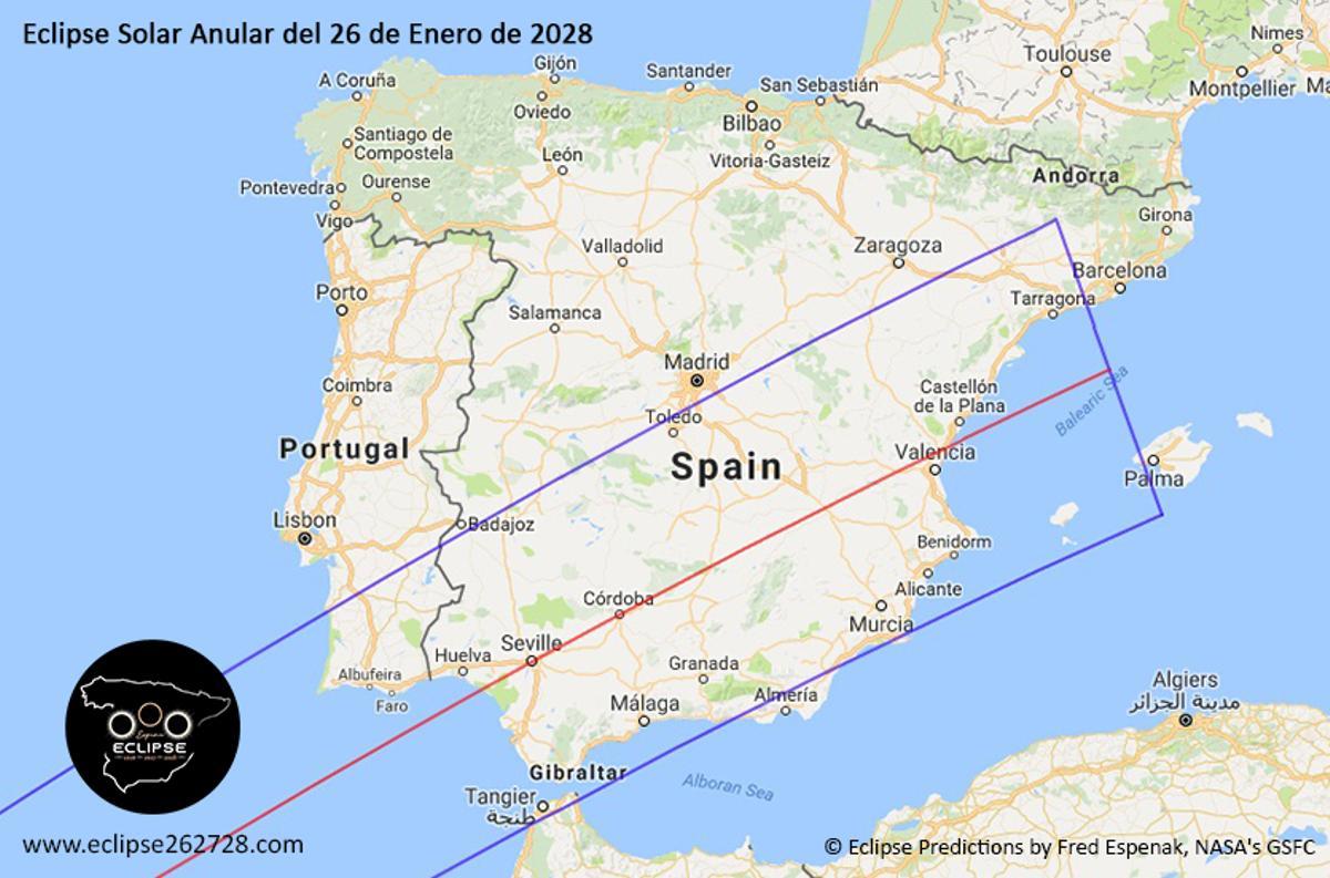 Franja de totalidad del eclipse solar de 2028