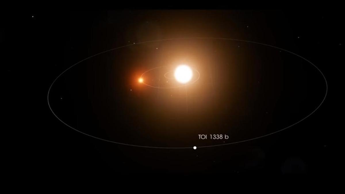 Un exoplaneta circumbinario orbita ambas estrellas centrales, como el planeta TOI-1338b, descubierto aquí en 2020.
