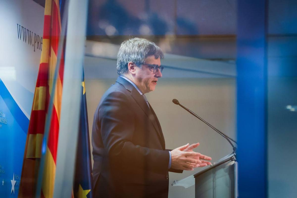 El líder de Junts, Carles Puigdemont, durante la comparecencia en el Press Club de Bruselas