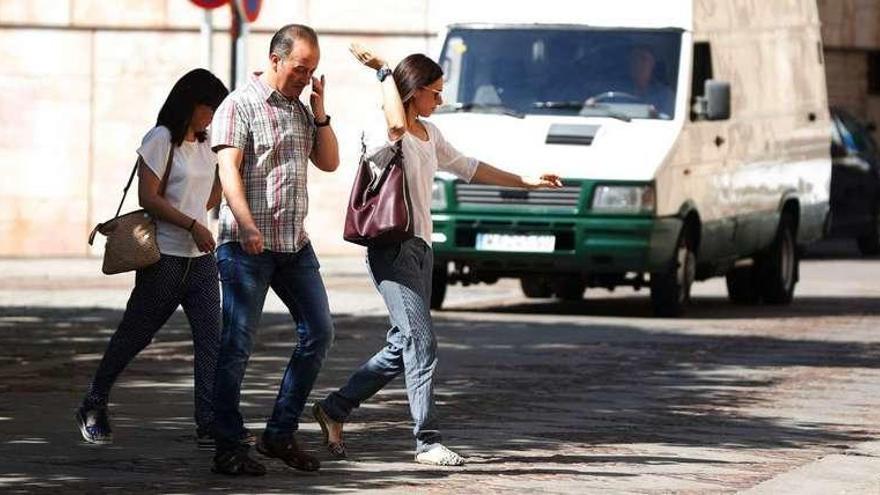 Ciudadanos hacen aspavientos para huir de los pulgones en plena plaza de Viriato.