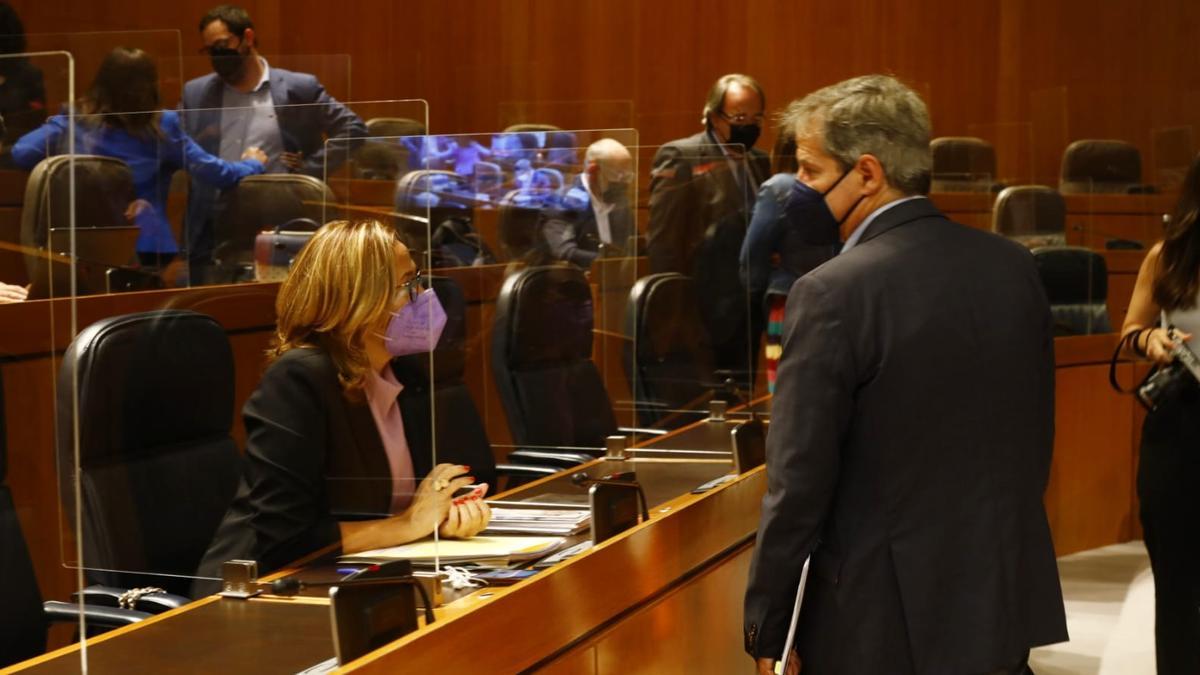 La presidenta en funciones y consejera de Presidencia, Mayte Pérez, conversa con el líder de Cs Aragón, Daniel Pérez Calvo, este jueves en el pleno de las Cortes de Aragón.